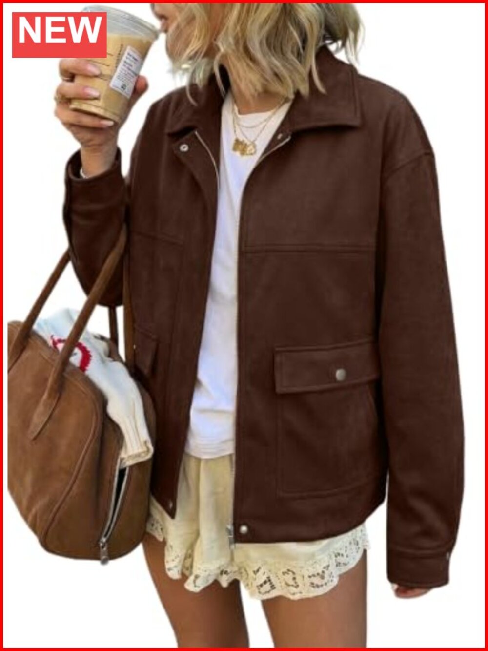 Women's Faux Suede Casual Bomber Jacket Zip Front Long Sleeve Oversized